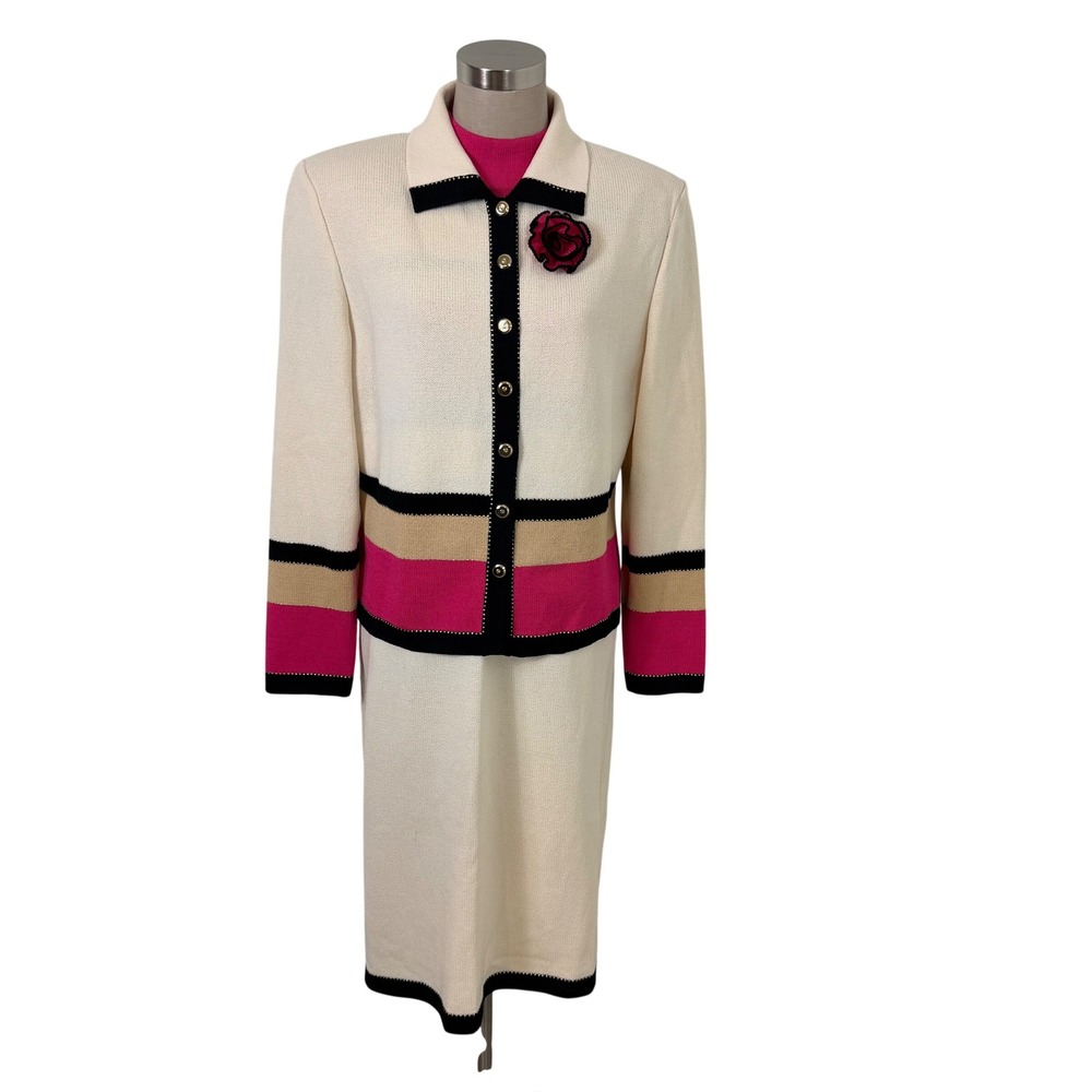 Vintage St.John Collection Santana Knit Dress Jacket Pin Set Pink Cream 10 USA - Picture 5 of 16